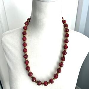 Vintage Maroon Red Cranberry Beaded Necklace with Gold Accents